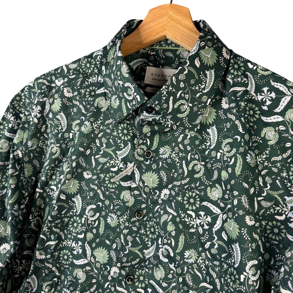 Eterna Modern Fit Green Floral Paisley Non Iron Cotton Button Up Shirt 40 15.75